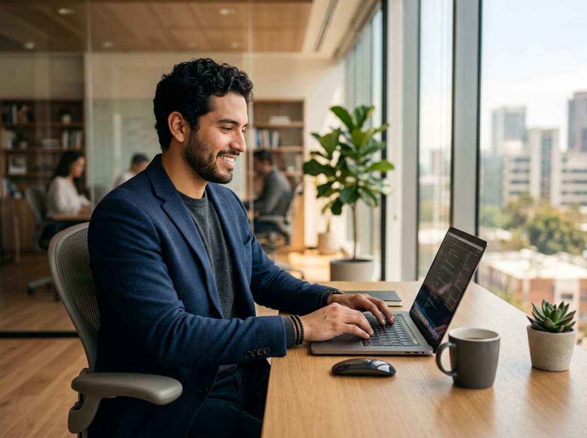 Emprendedor trabajando con confianza en su laptop